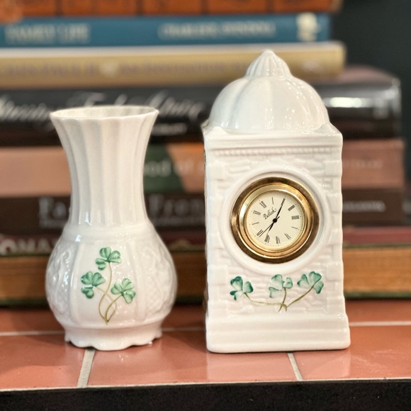 Belleek Other - Elegant White and Gold Clock & vase by Belleek